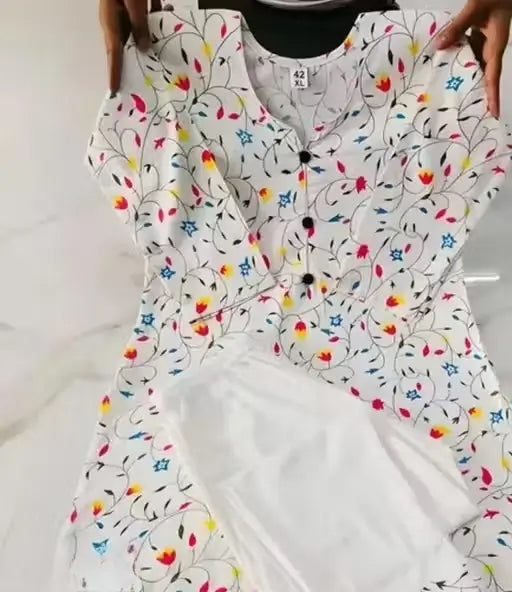 Women’s Cotton Kurta Set – White Printed Kurta with Pant & Dupatta (XXS to XXXL)
