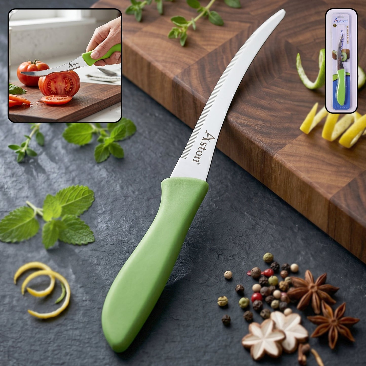 Mix Design Ss Kitchen Knife 8 Inch Stainless Steel Curved Plastic Handle (1 Pc)