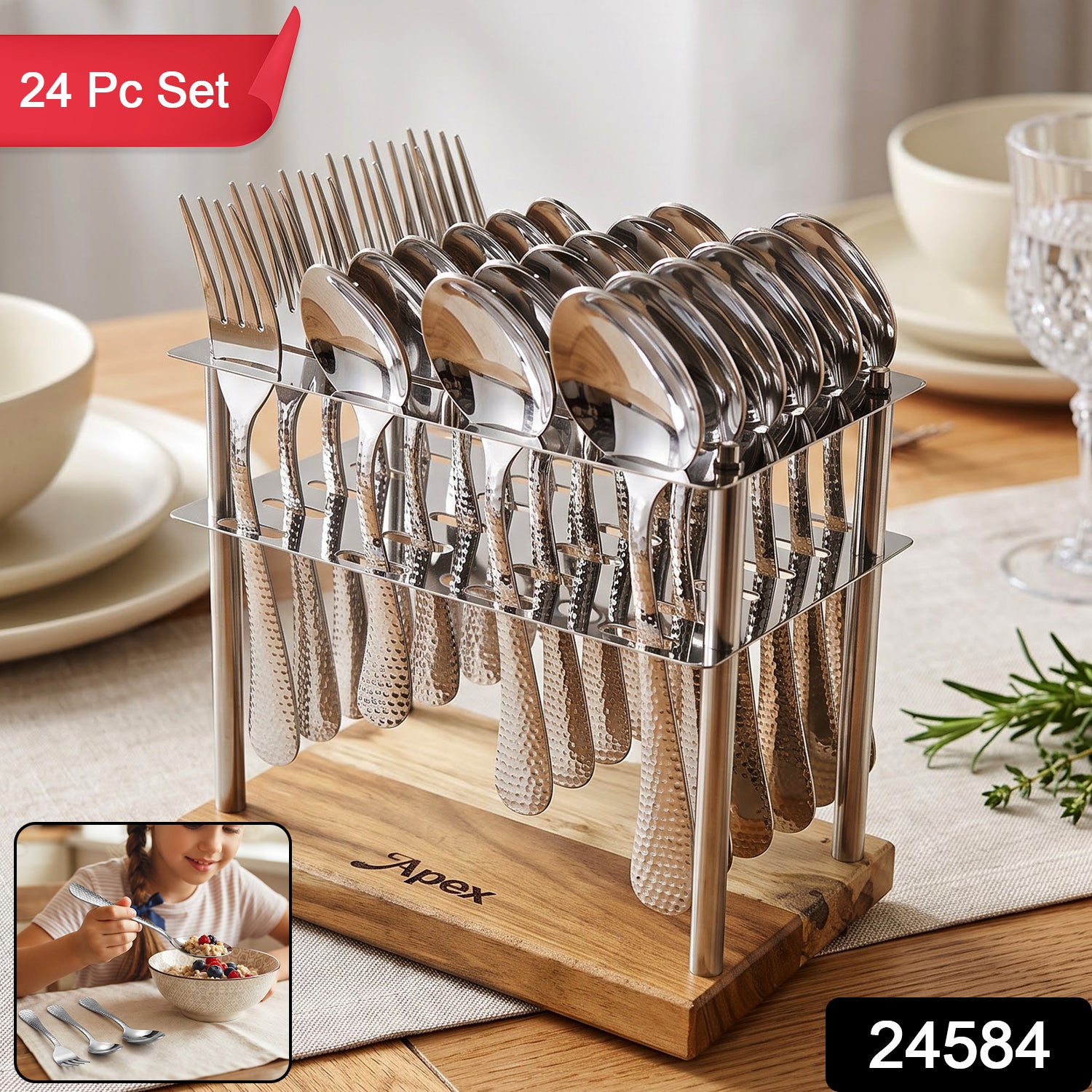 Apex Stainless Steel Cutlery Set 24 Pc With Wooden Stand Hammered (24 Pc)