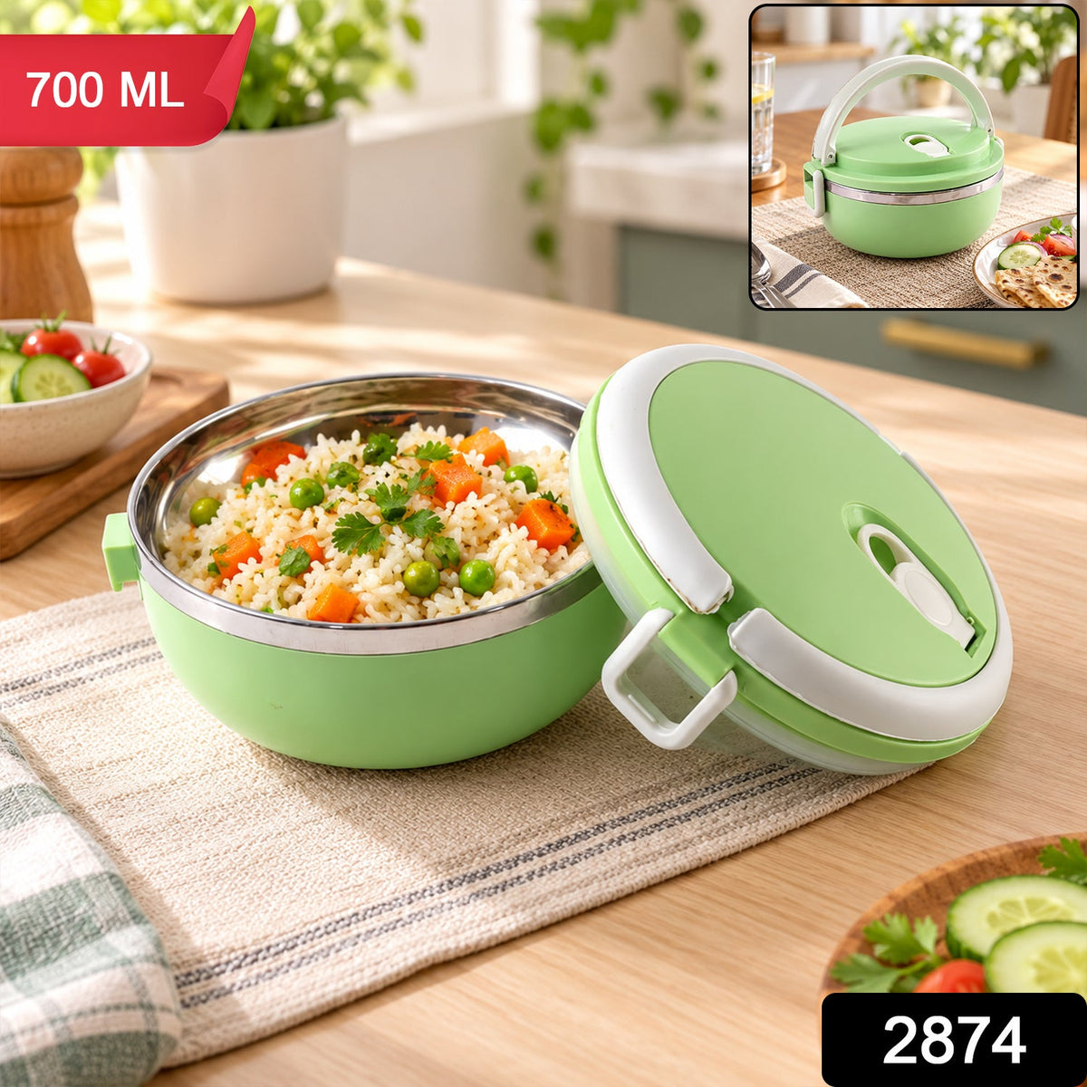Single layer stainless steel lunch box with carry handle, 700 ml capacity, by Wukusy, showing the sleek, durable design and carrying handle.
