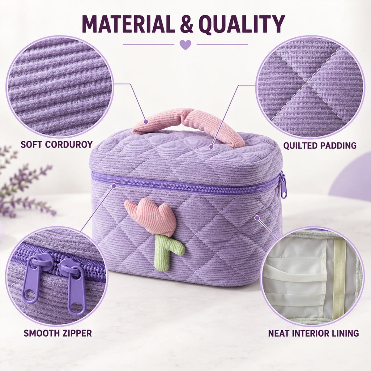 Wukusy reusable quilted bento bag with handle and storage pockets, 21x15 cm, designed for eco-friendly lunch transport.