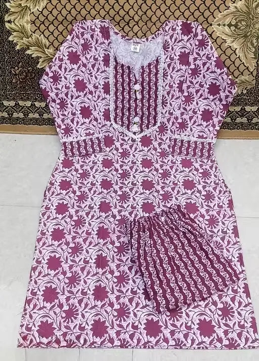 Women’s Cotton Kurti Set with Bottomwear – Purple Kurta & Maroon Pants, Three-Quarter Sleeves, Printed Floral, Daily Wear