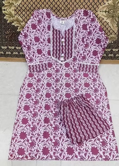 Women’s Cotton Kurti Set with Bottomwear – Purple Kurta & Maroon Pants, Three-Quarter Sleeves, Printed Floral, Daily Wear