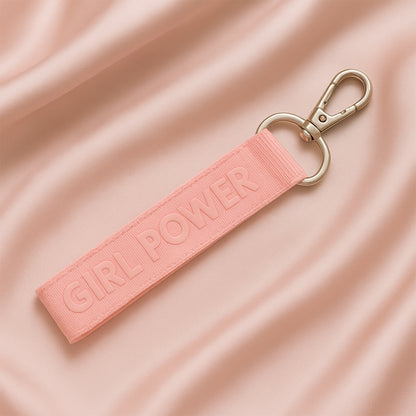Fabric ribbon keychain in mixed colors with office-themed design, by Wukusy, attached to a keyring.