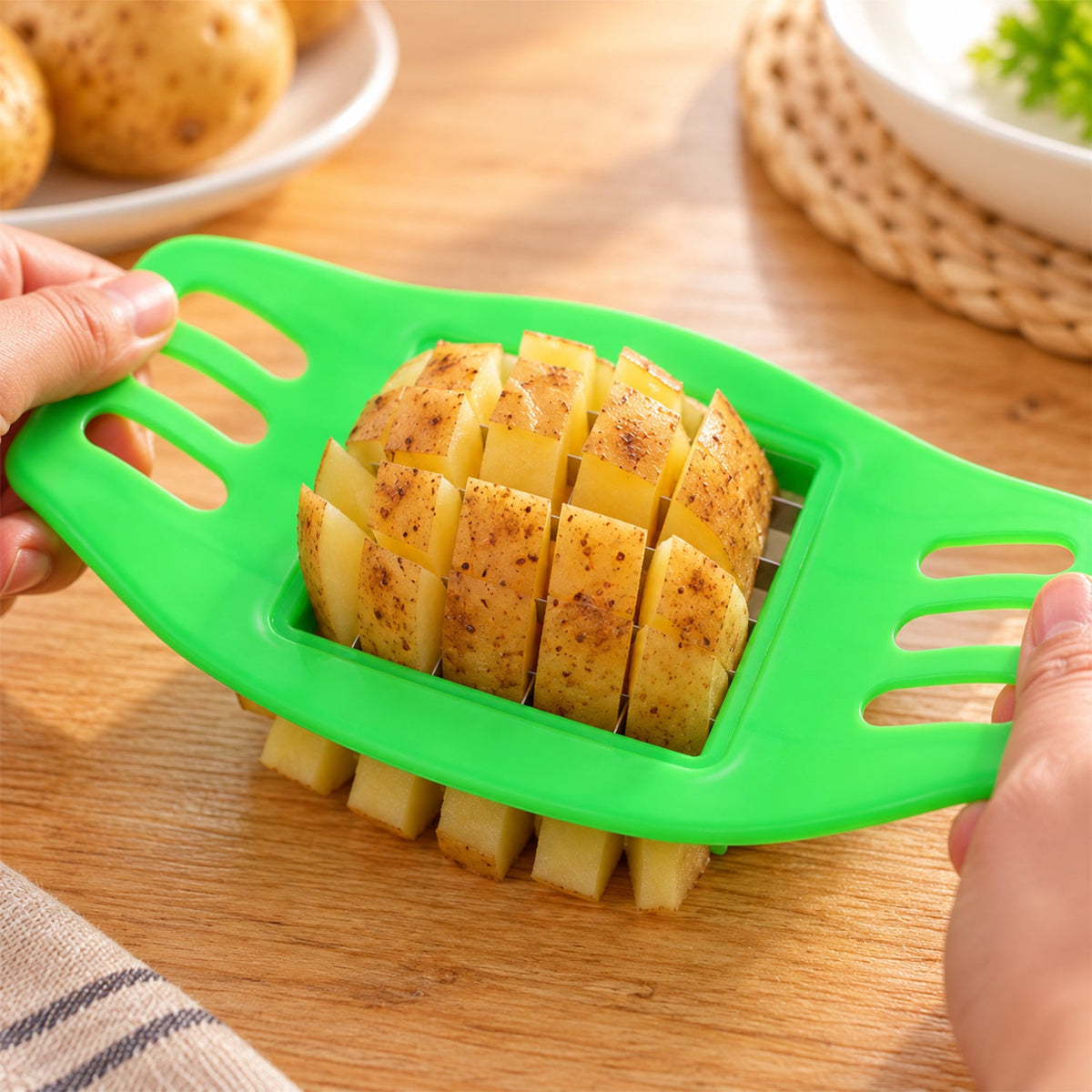Wukusy French fry potato grid cutter with stainless steel blades, 17x10cm, for making uniform fries at home.