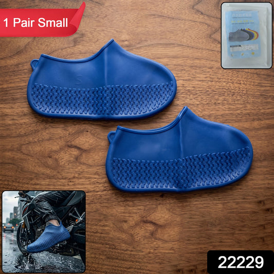 Pair of blue Wukusy reusable waterproof silicone rain shoe covers for small shoes, featuring non-slip soles.