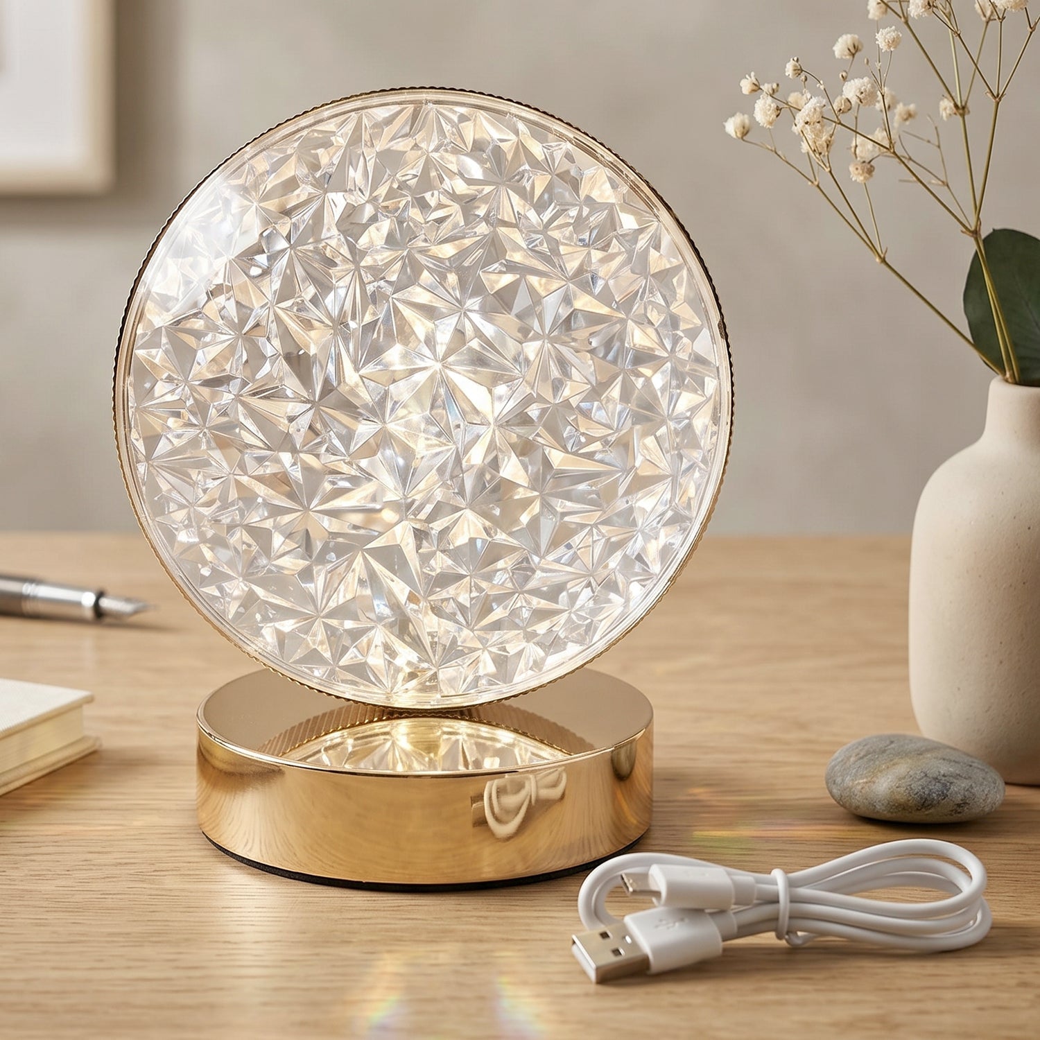 Round Crystal Led Table Lamp Usb Rechargeable Touch Bedside Night Lamp (1 Pc)