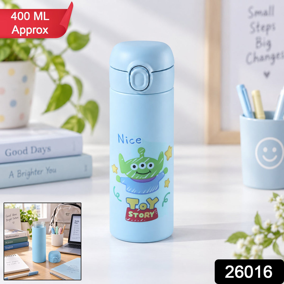 Wukusy cartoon print glass water bottle with flip top lid, 400 ml approx