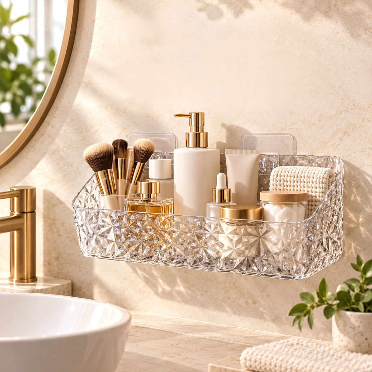 Wukusy diamond design bathroom wall rack for toiletries and cosmetics, mounted on tiled bathroom wall with bottles and jars.