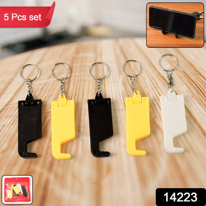 Set of 5 multicolor Wukusy 2-in-1 plastic keychains with mobile stands and phone holders, ideal for office use.
