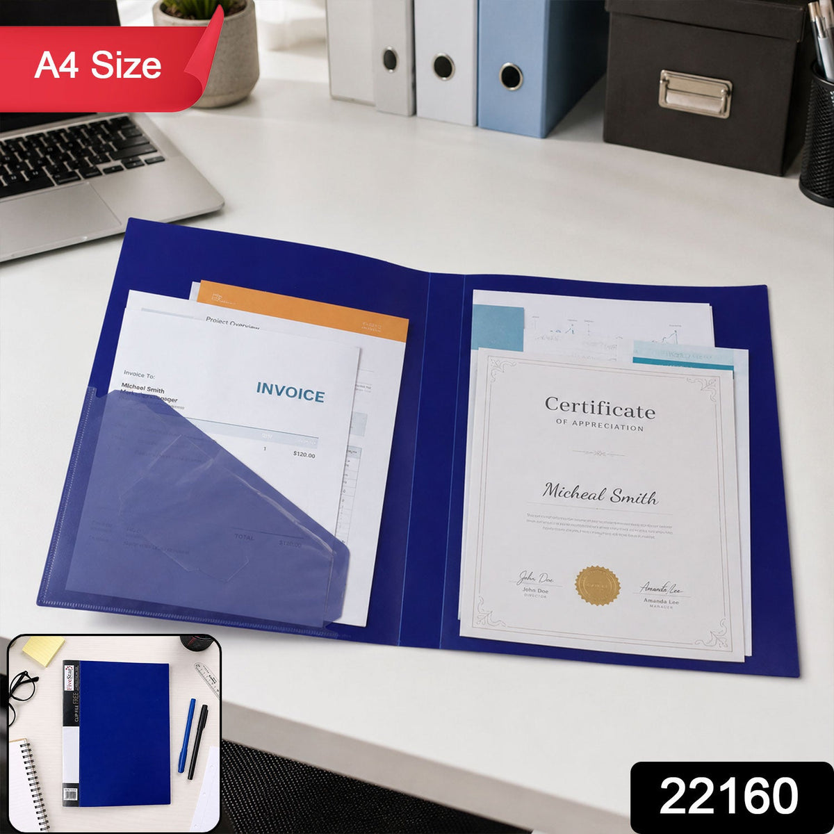 Wukusy A4 plastic clip file folder with inner pockets for office and document storage, showing its sturdy design and transparent cover.