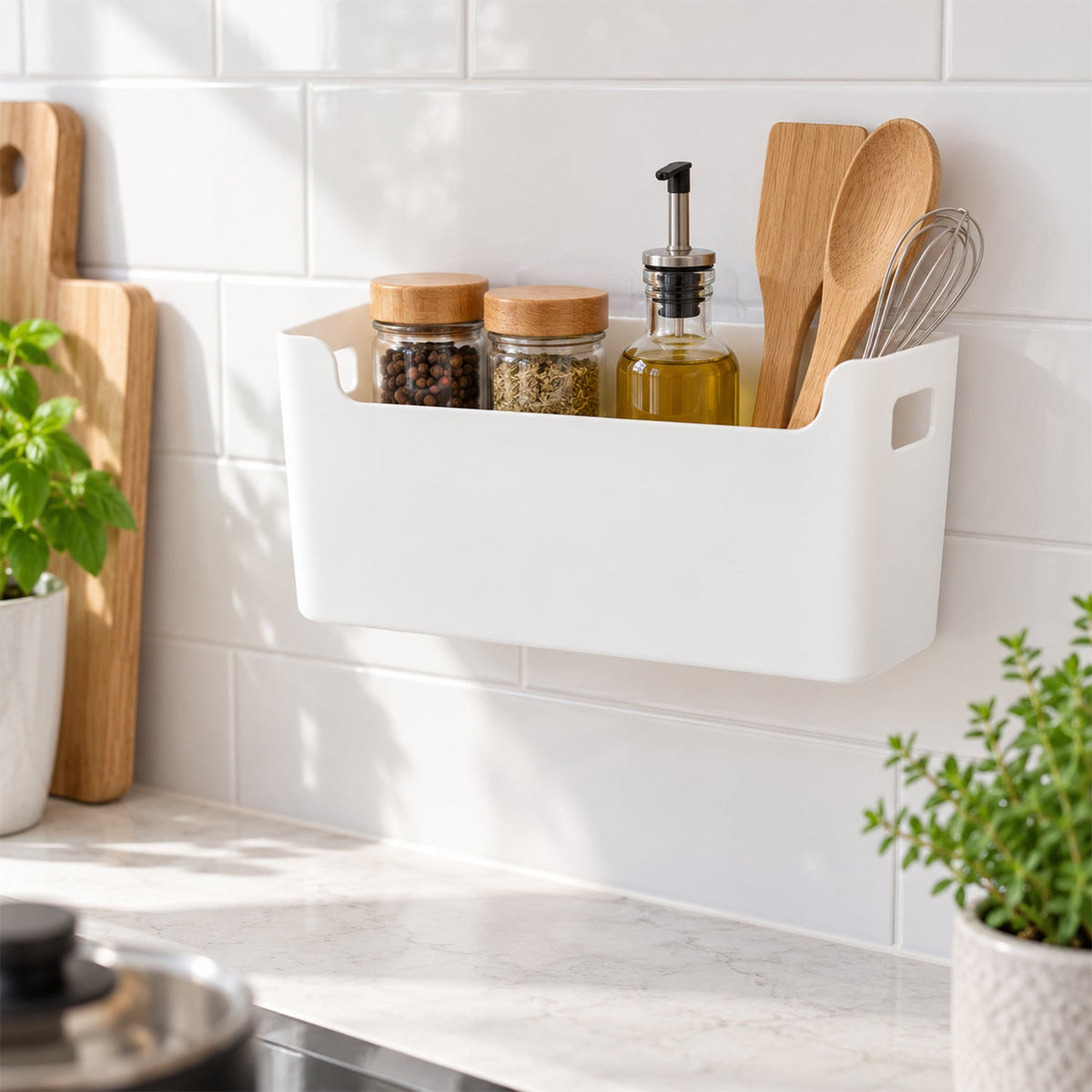 Wukusy adhesive wall mount storage box for kitchen and bathroom, 25x12 cm, mounted on wall with items inside