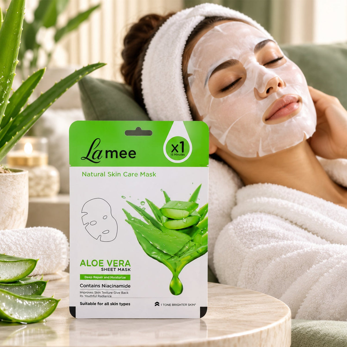 Wukusy Aloe Vera facial sheet mask with niacinamide for moisturizing skin care, showing the mask soaked in serum on a white background.