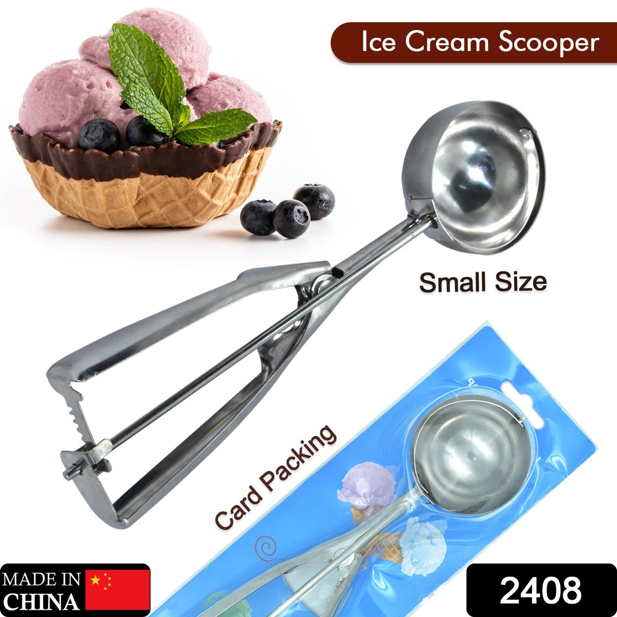 Wukusy 2408 stainless steel ice cream serving scoop with trigger release, small size, ergonomic handle, ideal for ice cream and frozen desserts