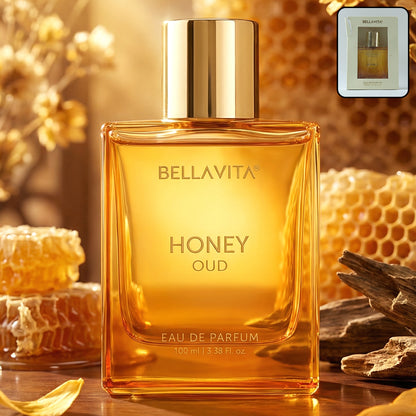 Bellavita Premium Honey Oud Perfume bottle by Wukusy, 100ml, elegant design with golden accents and floral details.