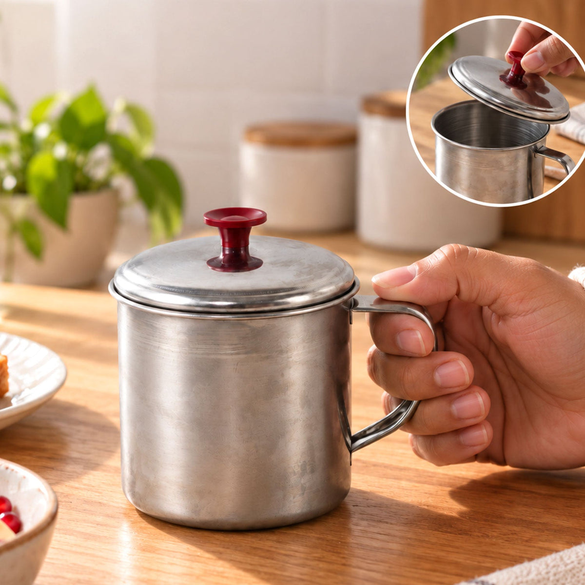 Wukusy stainless steel tea and coffee mug with handle and lid, showing a sleek, insulated design for hot beverages.