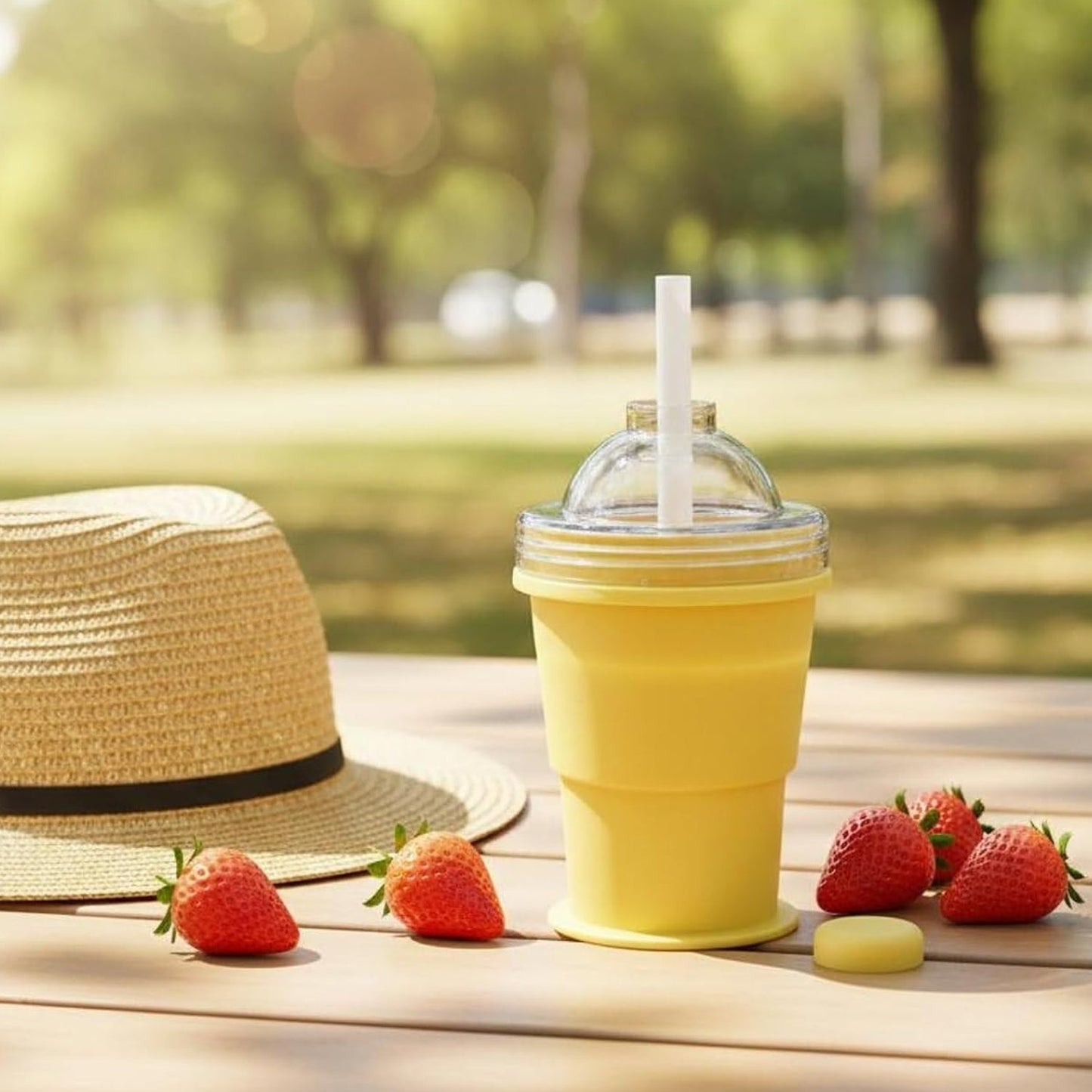 Wukusy silicone foldable travel cup with dome lid and straw, collapsible design for convenient on-the-go hydration.