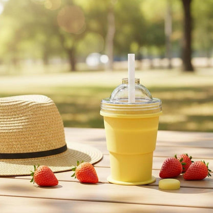 Wukusy silicone foldable travel cup with dome lid and straw, collapsible design for convenient on-the-go hydration.
