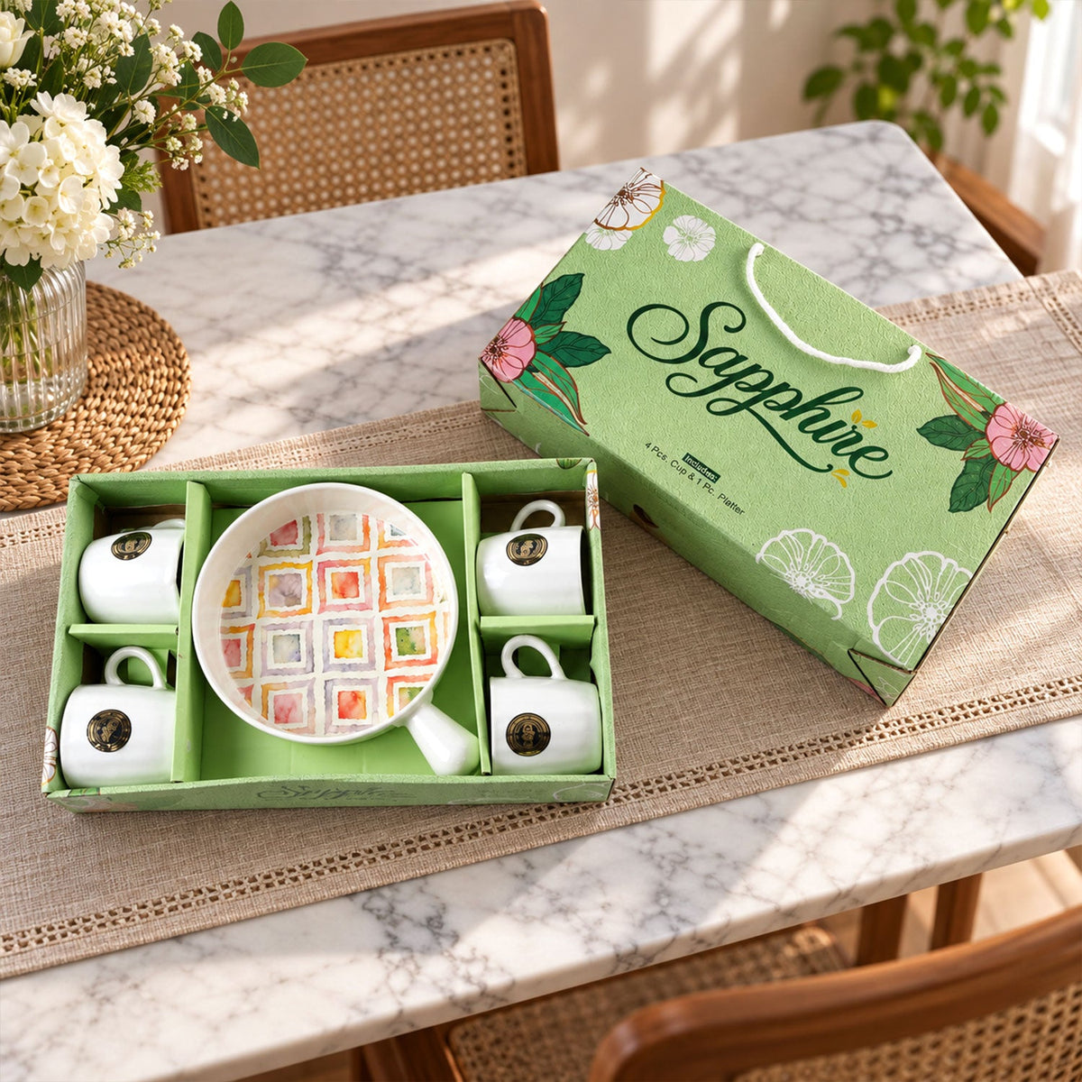 Wukusy ceramic tea and coffee cup and platter set with five pieces, perfect for serving snacks at home, featuring elegant white design