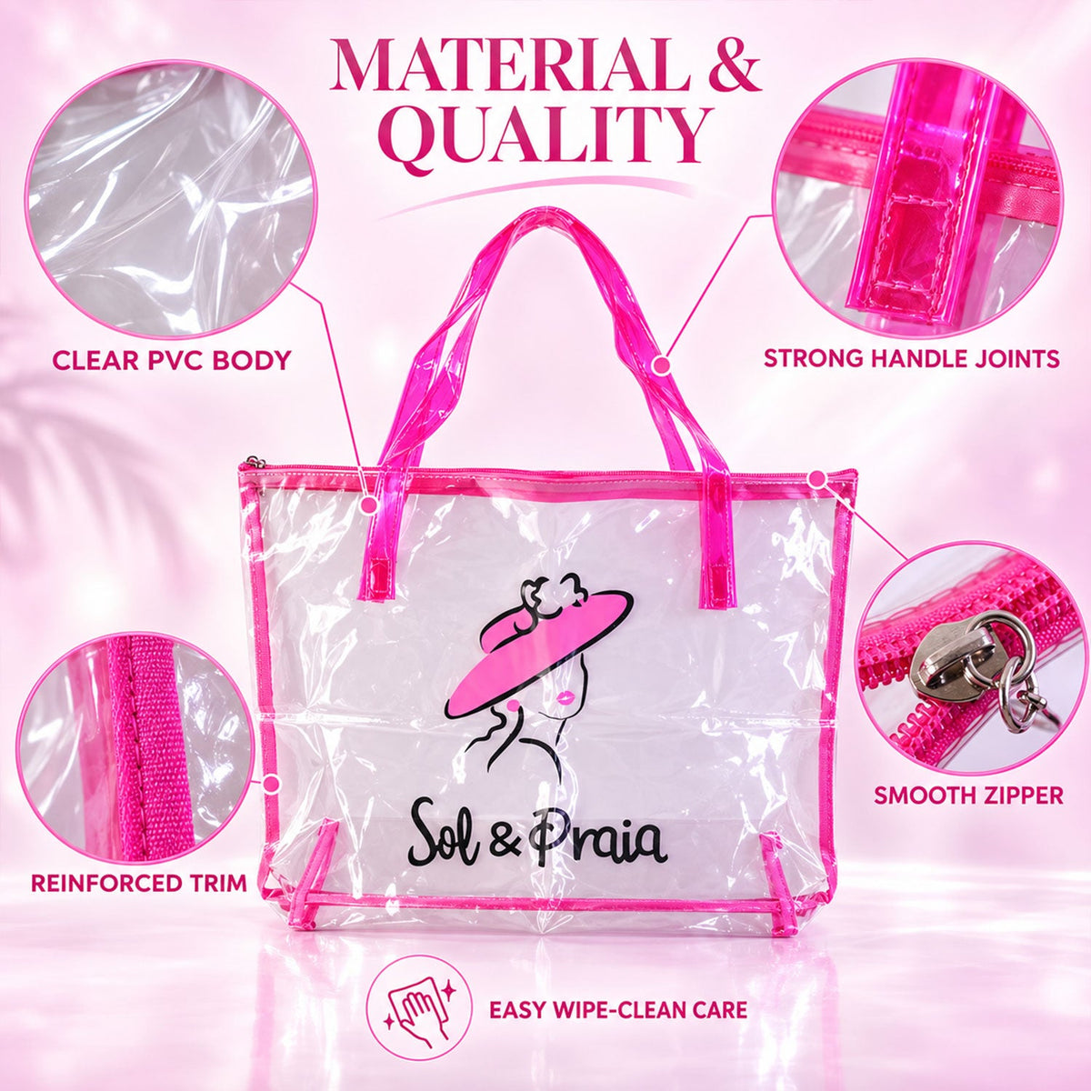 Clear PVC tote bag with top zipper and handles, Wukusy travel bag, 35x52 cm, transparent and lightweight for easy carrying