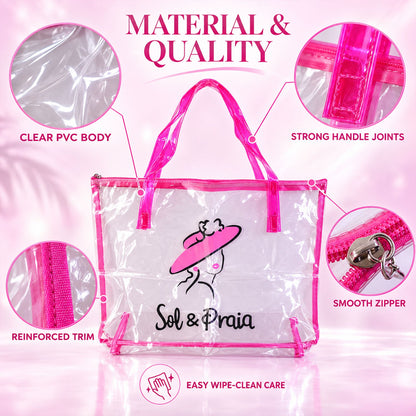 Clear PVC tote bag with top zipper and handles, Wukusy travel bag, 35x52 cm, transparent and lightweight for easy carrying