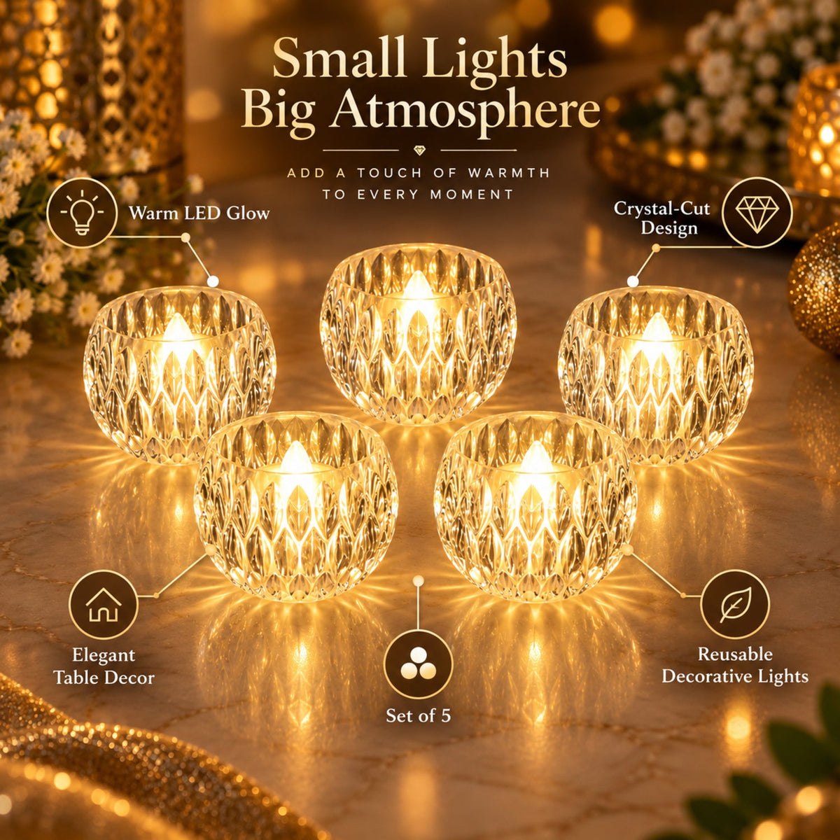 Wukusy crystal-style LED decorative candles, 5-piece set for festive tabletop decor