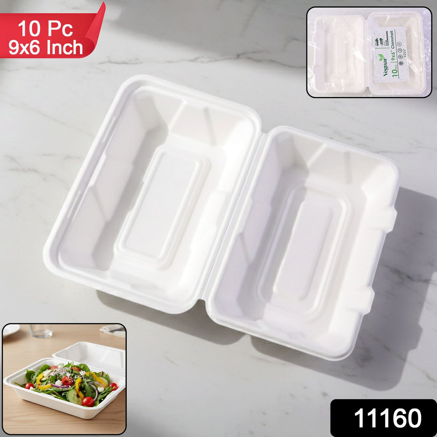 Vegnar Premium Bagasse Clamshell Food Box (10 Pc 9x6 Inch)