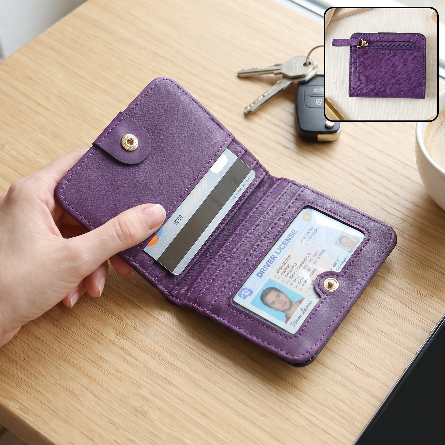 Compact Pu Leather Bifold Wallet With Coin Zip Card Slots And Id Window (1 Pc)